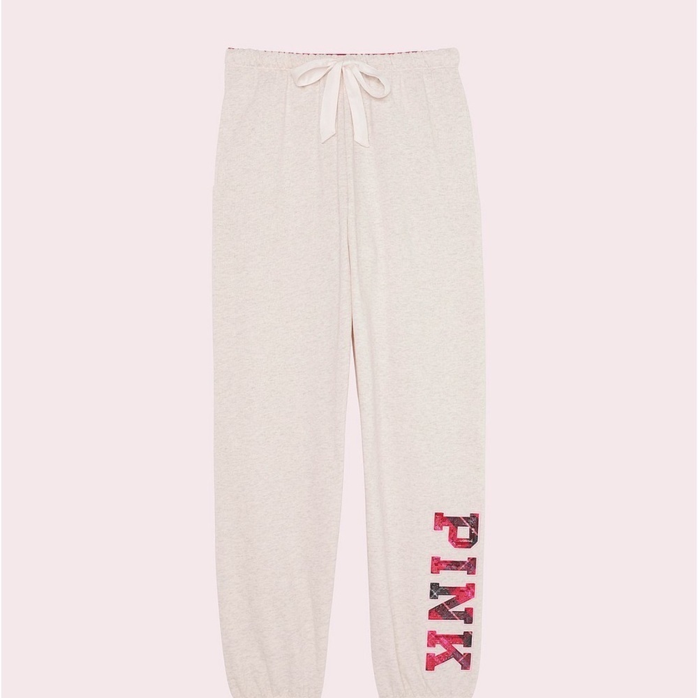PINK LoveShackFancy Cream Drawstring Joggers with Pink Lettering - Picture 1 of 9